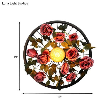 Vintage Wheel Wall Mount Led Rose Sconce Light In Black For Restaurants