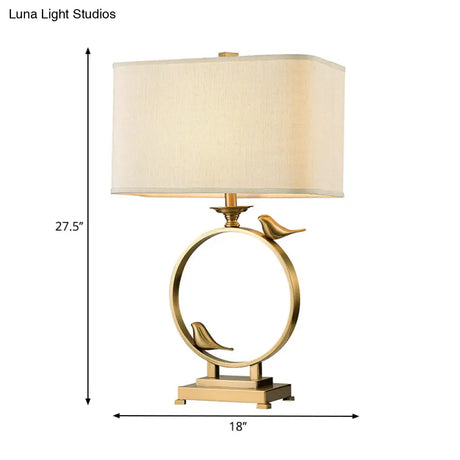 Vintage White Fabric Night Lamp With Gold Metal Base - 1 Light Rectangle Table