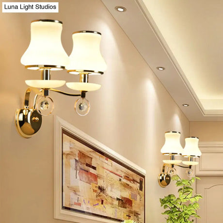 Vintage White Glass Bell Wall Lamp With Crystal Accent And Led Lighting For Living Room (1/2 Heads)