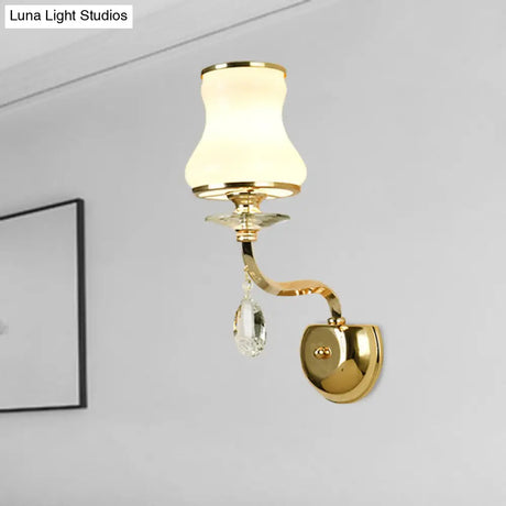 Vintage White Glass Bell Wall Lamp With Crystal Accent And Led Lighting For Living Room (1/2 Heads)