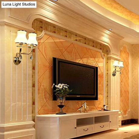 Vintage White Glass Bell Wall Lamp With Crystal Accent And Led Lighting For Living Room (1/2 Heads)
