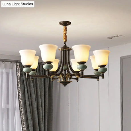 Vintage White Glass Chandelier - Elegant 6-Light Carillon Pendant Light With Ceramic Decor Ideal For