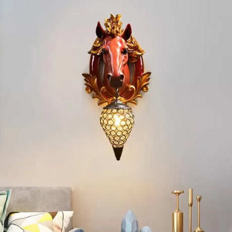 Vintage White/Red Resin Horse Wall Lamp With Crystal Droplet Shade - Indoor Sconce Light 9.5/12 W