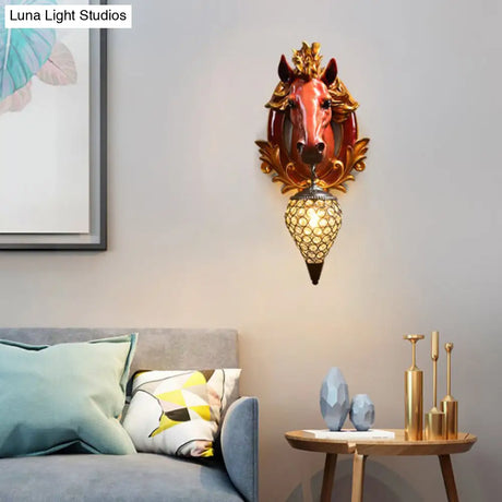Vintage White/Red Resin Horse Wall Lamp With Crystal Droplet Shade - Indoor Sconce Light 9.5/12 W