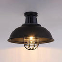 Vintage Wire Cage Ceiling Light With Semi-Flush Mount & Bowl Shade In Black