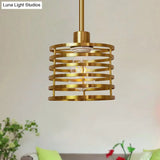 Vintage Wire Cage Hanging Lamp: Metallic Pendant Light With Cylindrical Black/Brass Shade