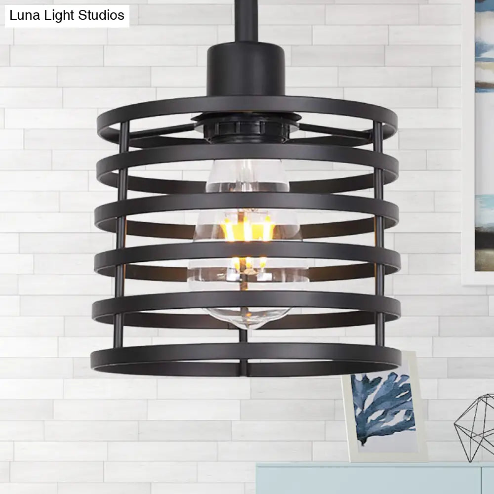 Vintage Wire Cage Hanging Lamp: Metallic Pendant Light With Cylindrical Black/Brass Shade