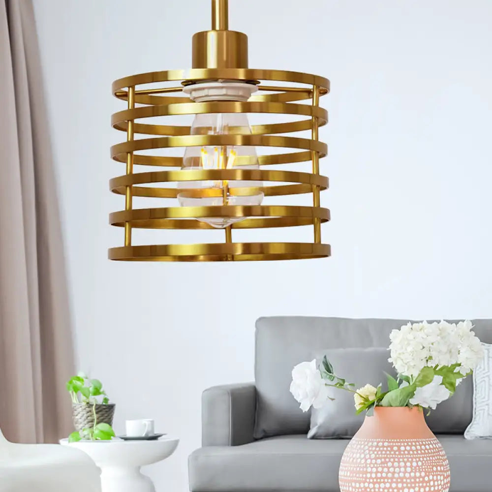 Vintage Wire Cage Hanging Lamp: Metallic Pendant Light With Cylindrical Black/Brass Shade Brass
