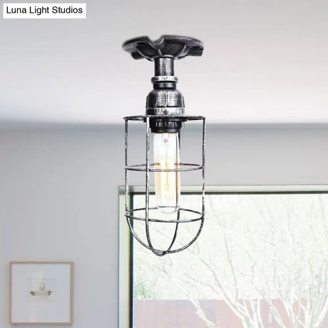Vintage Wire Guard Ceiling Light For Corridors - Black/Bronze Semi-Flush Mount With 1 Bulb