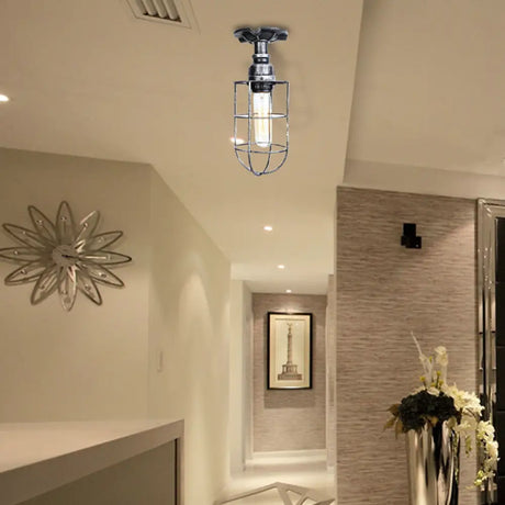 Vintage Wire Guard Ceiling Light For Corridors - Black/Bronze Semi-Flush Mount With 1 Bulb Aged
