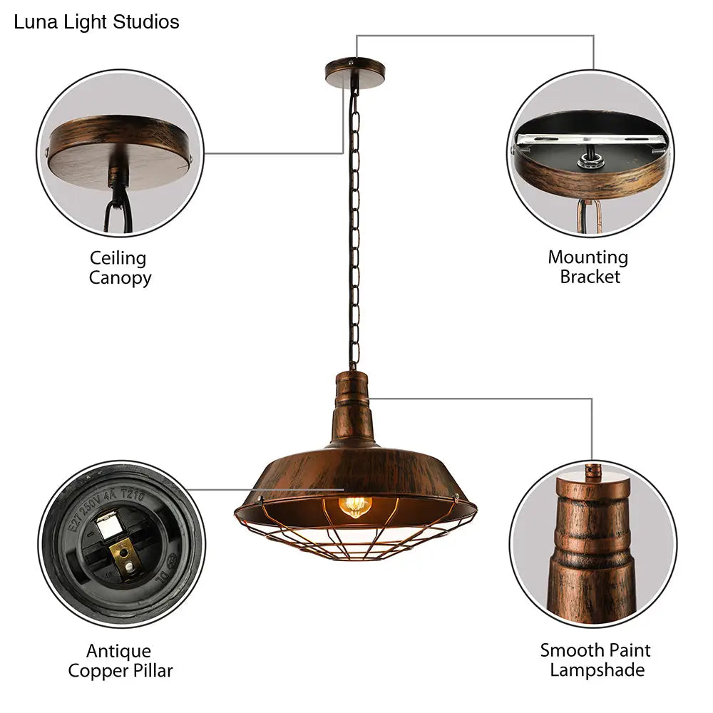 Vintage Wire Guard Pendant Light With Barn Shade - 10’/14’/18’ Wide Black/Bronze/Rust Metal