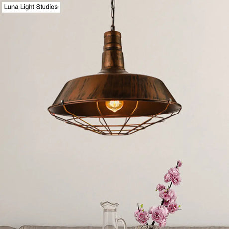 Vintage Wire Guard Pendant Light With Barn Shade - 10’/14’/18’ Wide Black/Bronze/Rust Metal