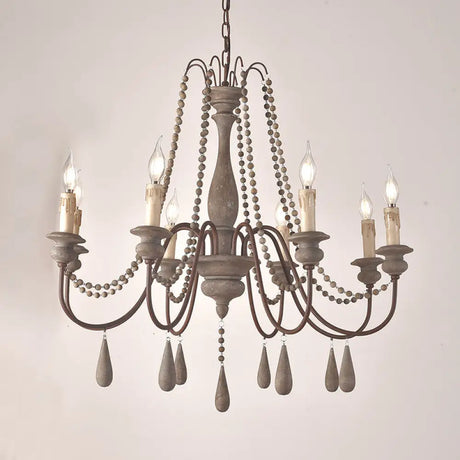 Vintage Wood Chandelier With 8 Bead Draped Pendant Lights Grey