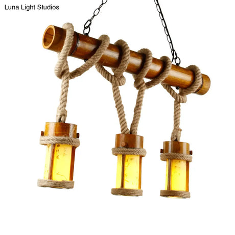 Vintage Wood Cylindrical Pendant Lamp - Bamboo Island Lighting With Rope Cord Set Of 3 Bulbs