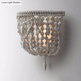 Vintage Wood Wall Mount Sconce Light - White Beaded 1-Light Fixture For Living Room