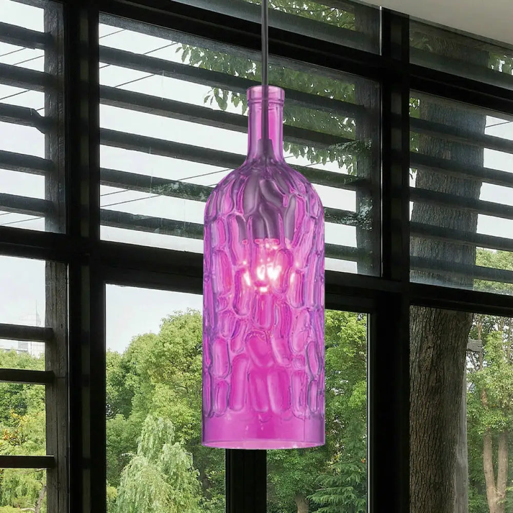 Vintage Yellow/Brown Glass Pendant Light With Dimpled Bottle Shade - 1-Light Fixture For Living