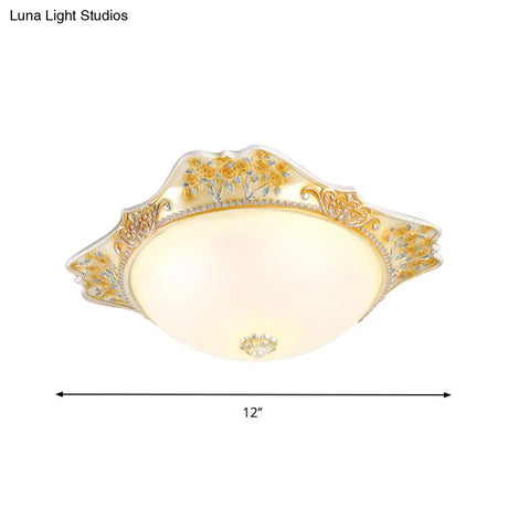 Vintage Yellow Opaline Glass Dome Flush Mount Light With Floral Accent Available In 3 Sizes: 12’