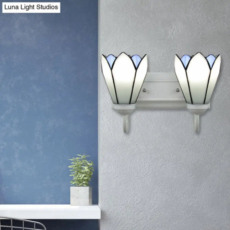 Wall Mounted Tiffany Lily White Glass Sconce Light Fixture With 2 Heads For Bedroom