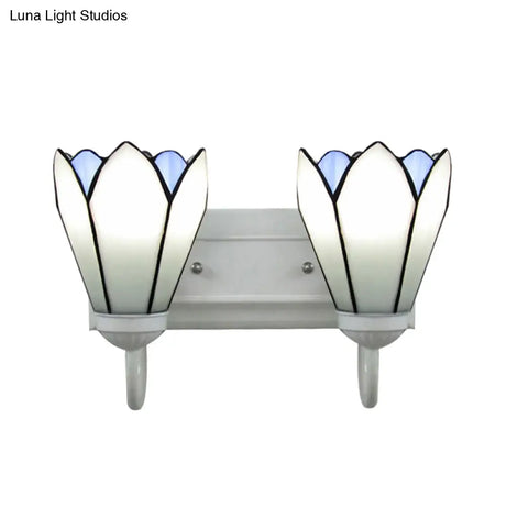 Wall Mounted Tiffany Lily White Glass Sconce Light Fixture With 2 Heads For Bedroom