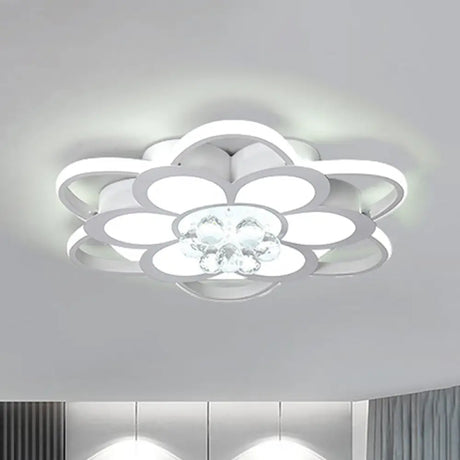 Warm/White/3 Color Led Crystal Flush Light - Simple White Floral Living Room Mount Lamp Multiple