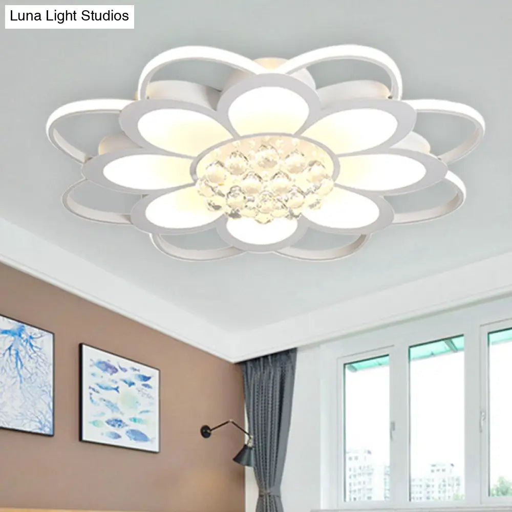 Warm/White/3 Color Led Crystal Flush Light - Simple White Floral Living Room Mount Lamp Multiple