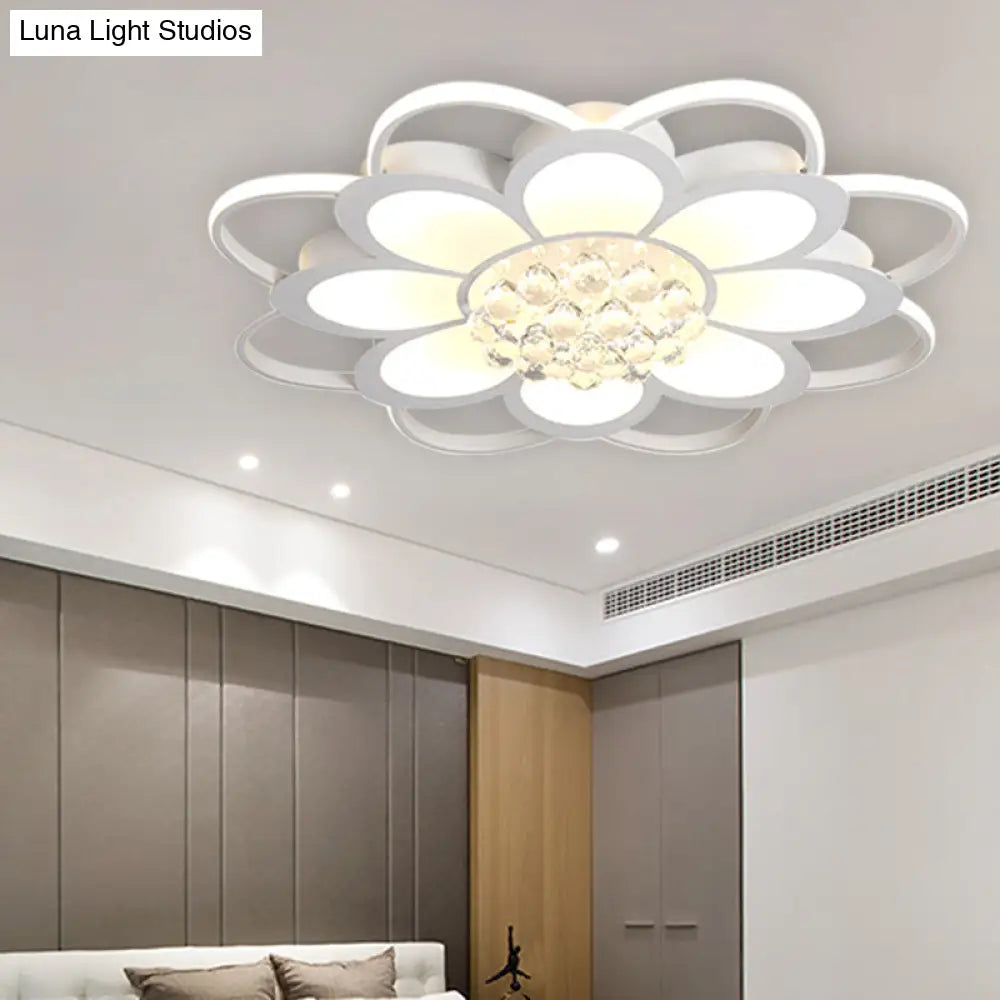 Warm/White/3 Color Led Crystal Flush Light - Simple White Floral Living Room Mount Lamp Multiple