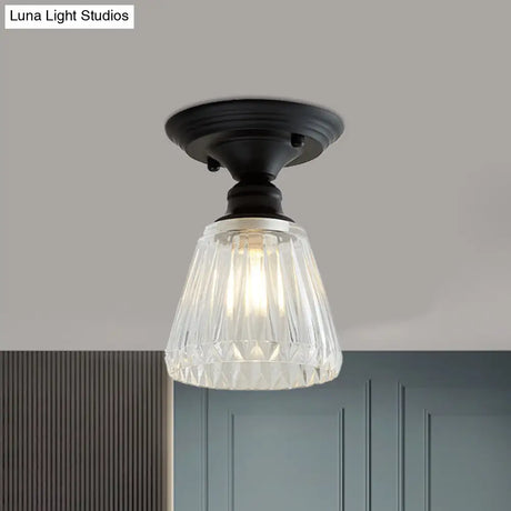 Wavy/Wide Flare Semi - Flush Mount Industrial Black Clear Textured Glass Lighting Fixture