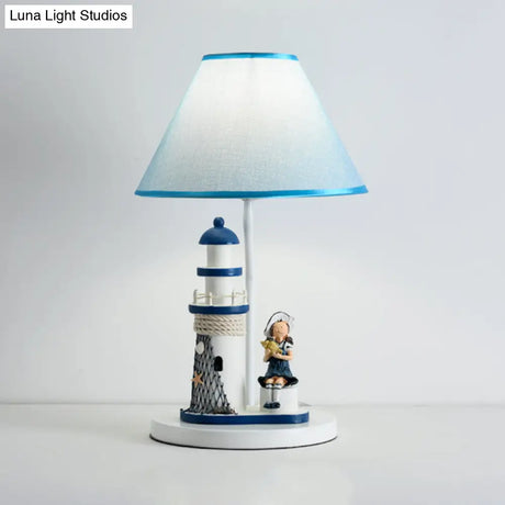 Whimsical Lighthouse Table Lamp - Boy/Girl Cartoon Resin Night Stand Light (White/Blue 1 Light)