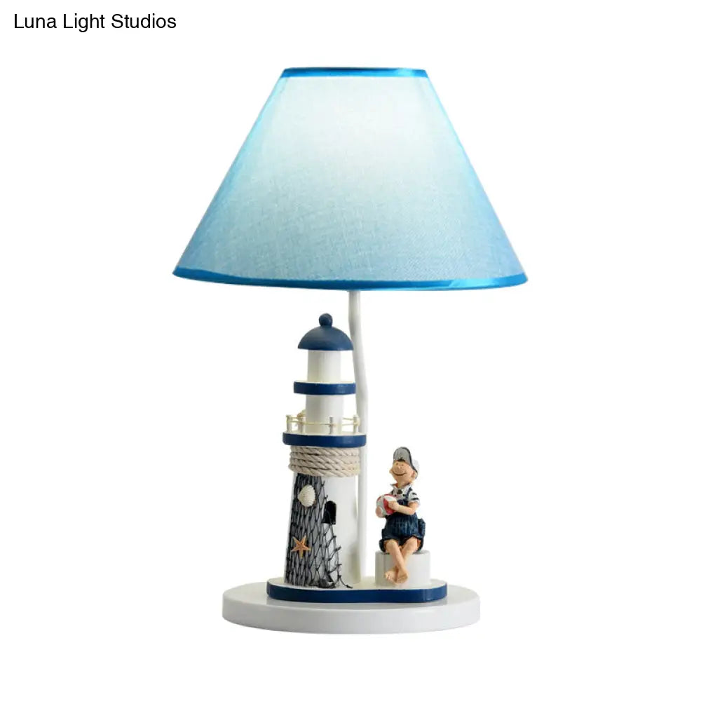 Whimsical Lighthouse Table Lamp - Boy/Girl Cartoon Resin Night Stand Light (White/Blue 1 Light)