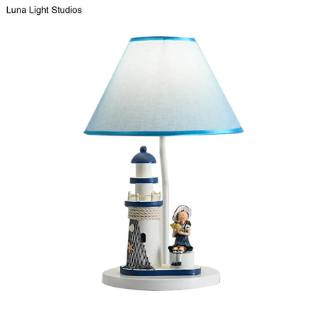 Whimsical Lighthouse Table Lamp - Boy/Girl Cartoon Resin Night Stand Light (White/Blue 1 Light)