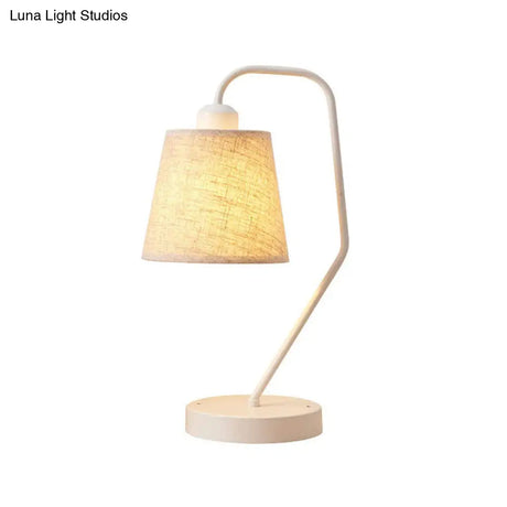 White Barrel Table Lamp - Modern Fabric Night Light For Bedroom With Curved Arm