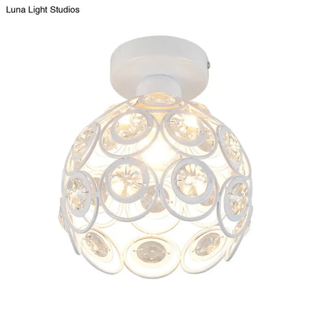 White/Black Domed Flush Mount Light With Crystal Bead Accent - Modern Metal Ceiling For Kitchen