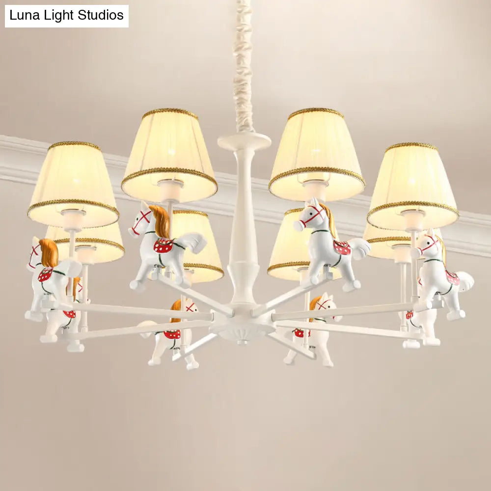 White Cartoon Chandelier With Horse Resin - Pleated Fabric Tapered Ceiling Lighting