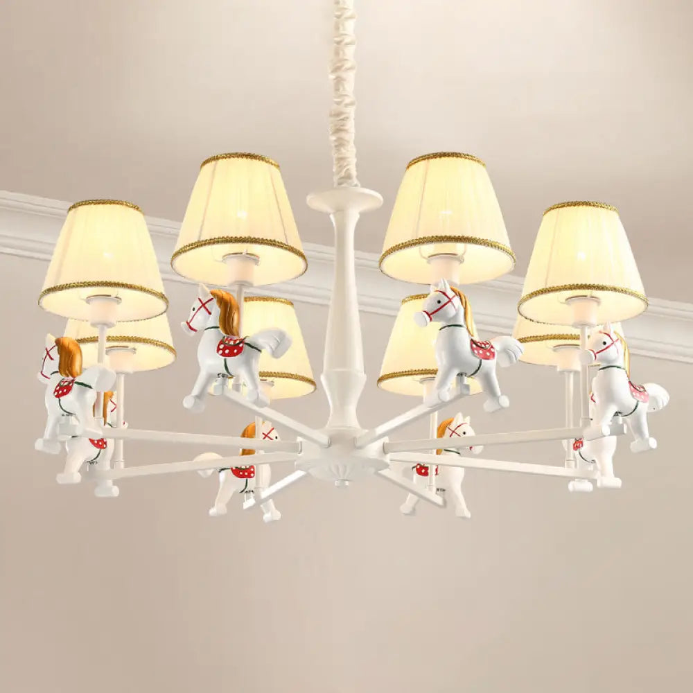 White Cartoon Chandelier With Horse Resin - Pleated Fabric Tapered Ceiling Lighting 8 / B
