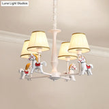 White Cartoon Chandelier With Horse Resin - Pleated Fabric Tapered Ceiling Lighting