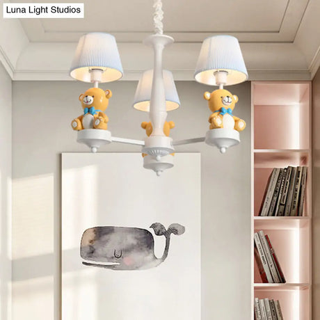 White Chandelier Light With Cartoon Fabric Bear Figurine - Perfect For Childs Room