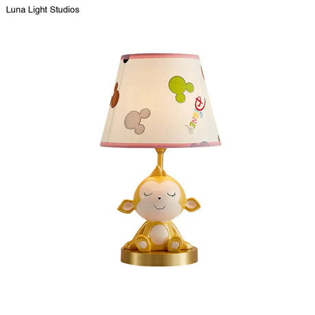White Cone Nightstand Table Lamp With Cartoon Print Gold Monkey Base