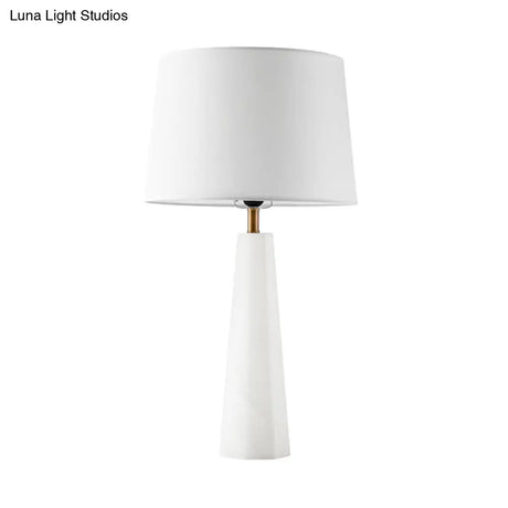 White Contemporary Desk Lamp With Fabric Shade - 1 Bulb Tapered Drum Night Table Light