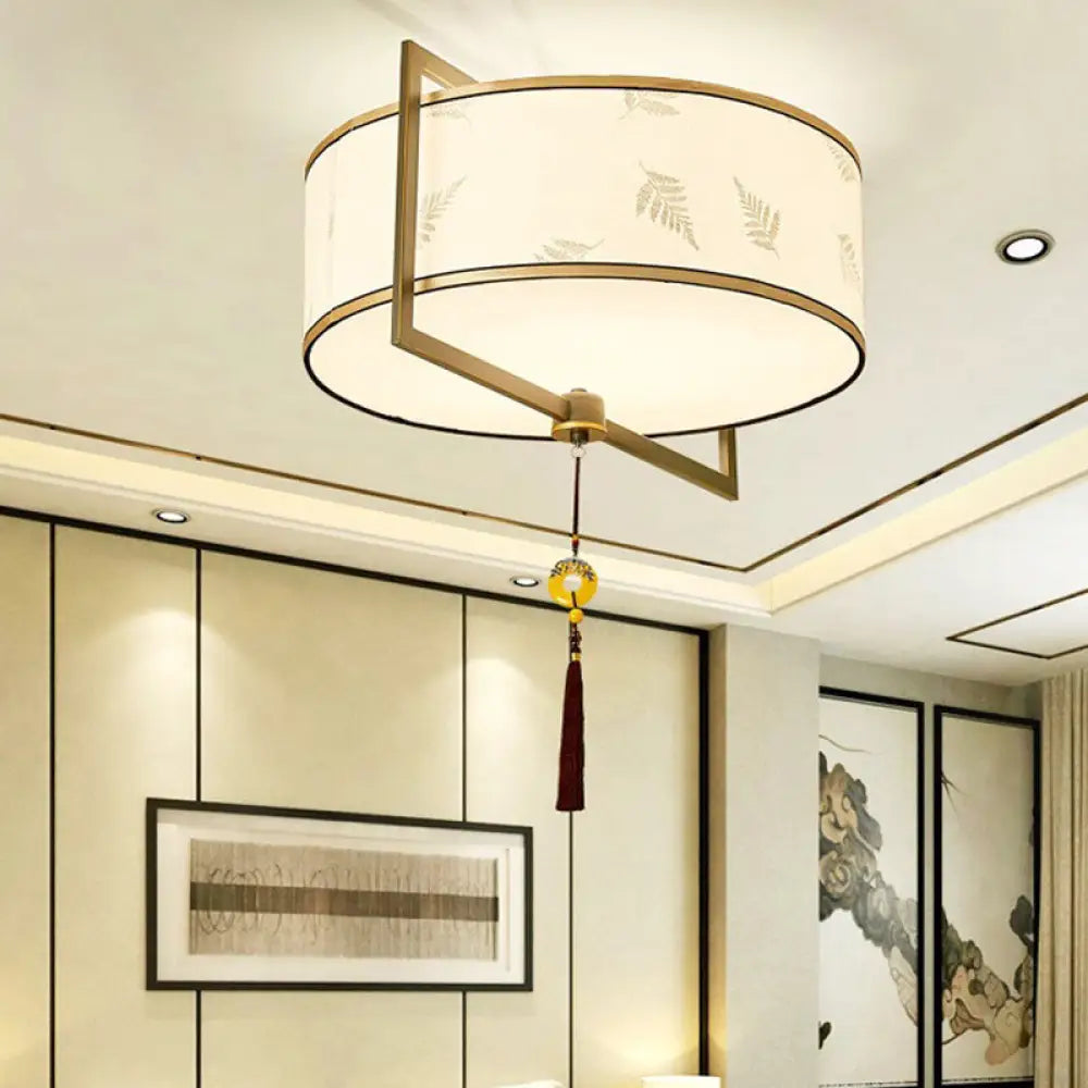 White Fabric Ceiling Mounted Drum Fixture - 5-Light Classic Style Flush Mount Lighting