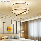 White Fabric Ceiling Mounted Drum Fixture - 5-Light Classic Style Flush Mount Lighting