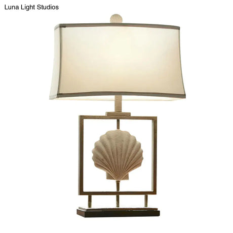 White Fabric Table Lamp: Traditional Rectangle Shape 1-Light Night Light With Shell Decor