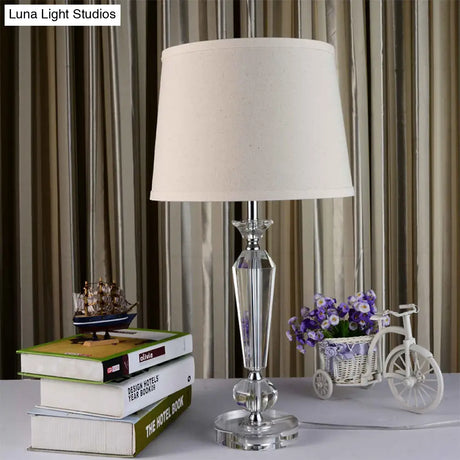 White Fabric Table Lamp With Hand-Cut Crystal Accent And Modern Baluster Design