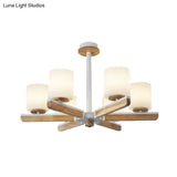 White Frosted Glass Modernist 6-Head Radial Pendant Chandelier For Living Room Wood Finish