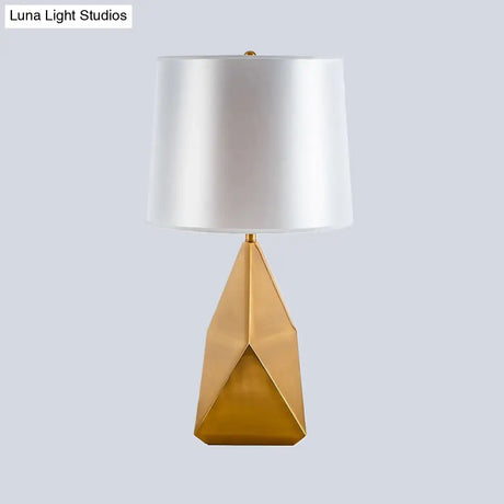 White Geometric Night Lamp - Luxury Metal Table Lighting With Barrel Fabric Shade