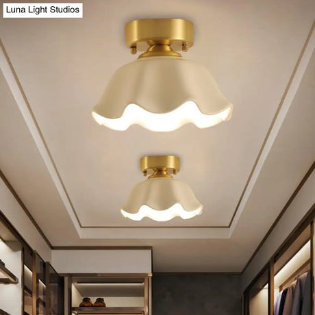 White Glass Brass Flush Lamp - Scalloped/Shell/Trapezoid Design 1 - Light Cottage Ceiling Mount For