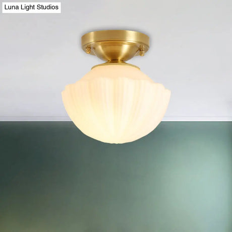 White Glass Brass Flush Lamp - Scalloped/Shell/Trapezoid Design 1 - Light Cottage Ceiling Mount For