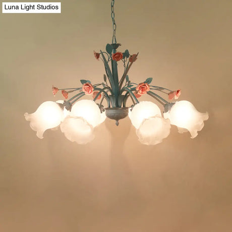 White Glass Chandelier Light - Floral Countryside 8 Bulbs Pendant Lamp For Living Room In Blue