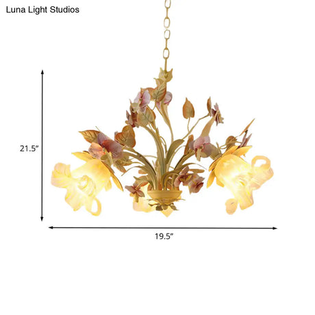 White Glass Chandelier With Flower And Leaf Decor For Countryside Charm - 3/6 Bulb Pendant Bedroom