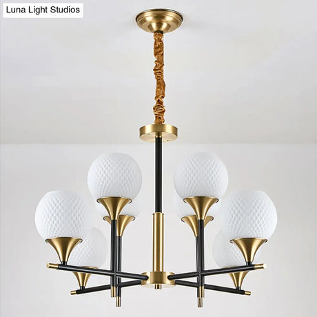 White Glass Global Chandelier With 8 Bulbs: Contemporary Bedroom Lamp Vertical Design