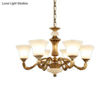 Classic Brass 3/6-Head Bedroom Pendant Light With White Glass Pagoda Design